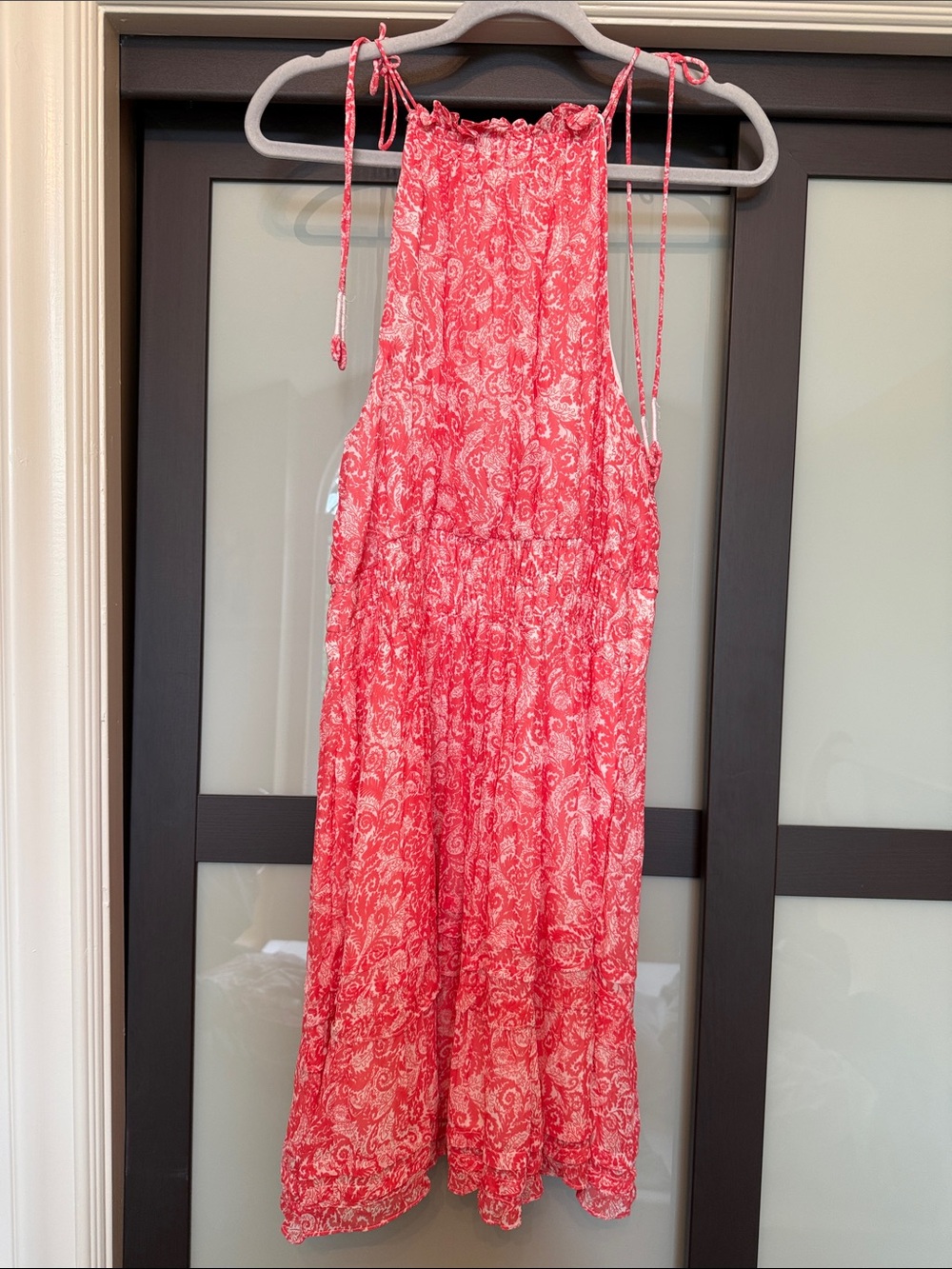 Anthropologie Coral Pink Paisley Tiered Mini Dress